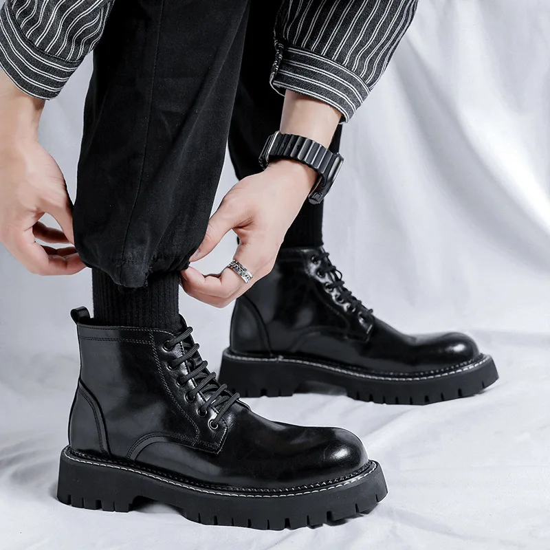 

England style mens casual natural leather boots lace-up platform shoes business office dresses cowboy ankle boot short botas man