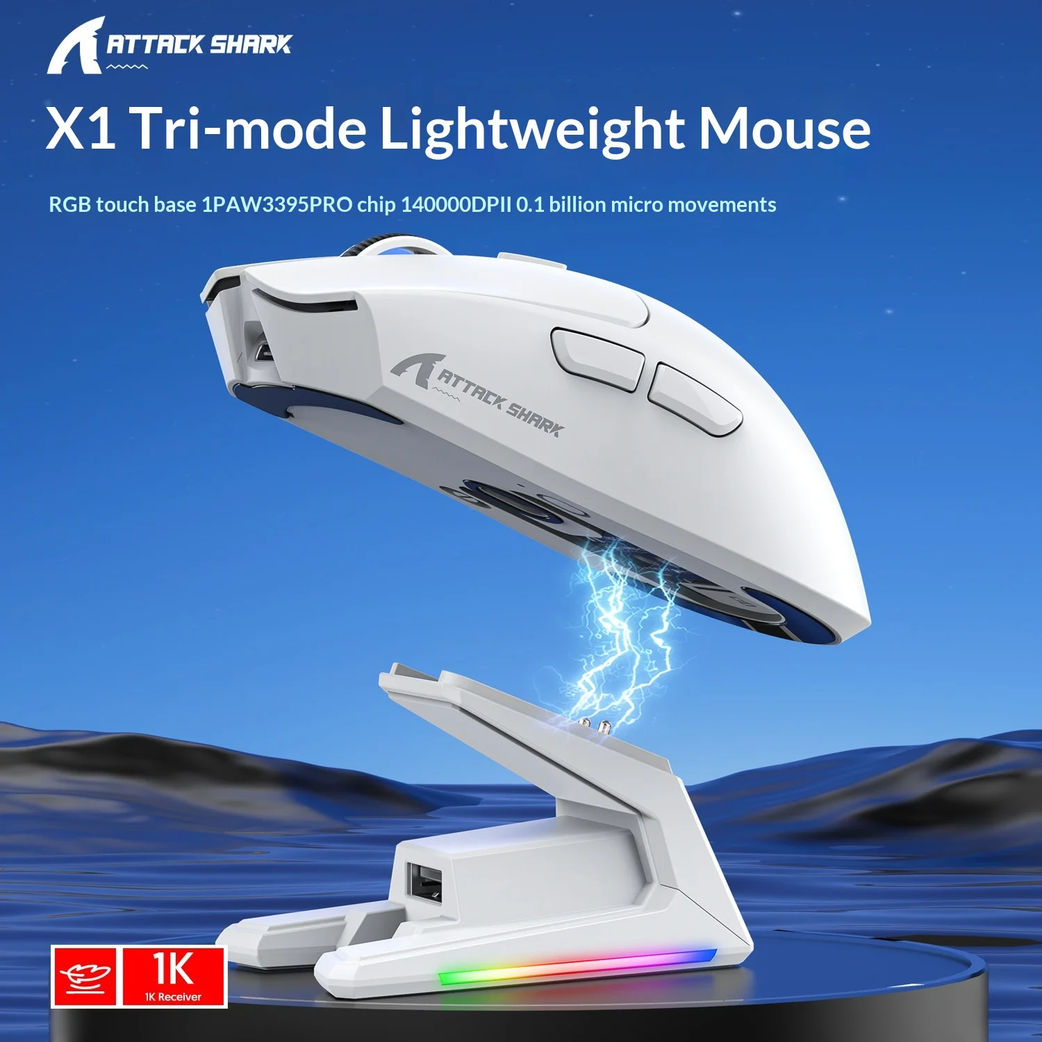 ATTACK SHARK X1 Tri-Mode Gaming Mouse|PAW3395PRO Sensor 40000DPI |RGB Magnetic Dock|100M Clicks|2.4G Wireless/Bluetooth/Wired