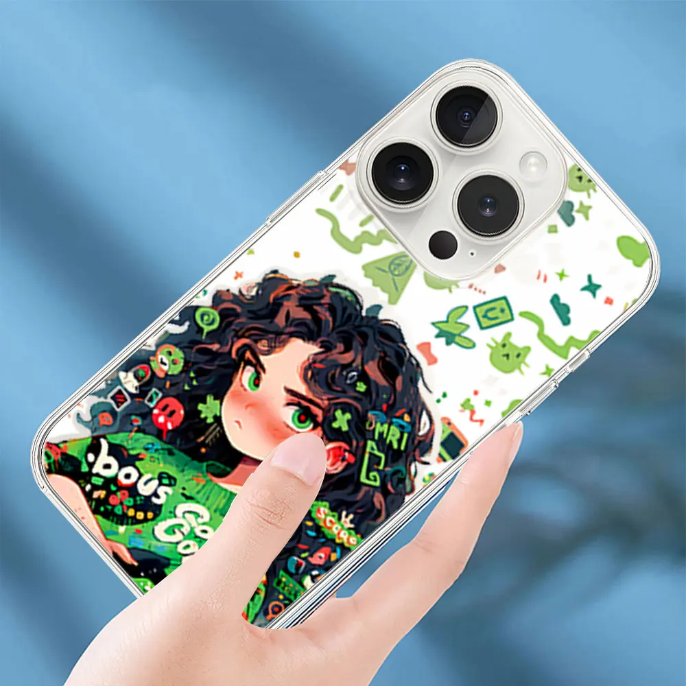 Fashion Green Hair Couple Phone Case for iPhone 11 12 13 14 15 16 Max Pro Plus Transparent Soft Shell image 5