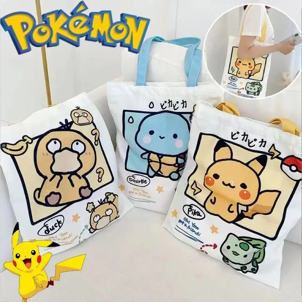 

Холщовая сумка в стиле аниме «Покемон Пикачу», мультяшная Psyduck Squirtle Kawaii, студенческая портативная большая вместительная сумка для хранения канцелярских принадлежностей