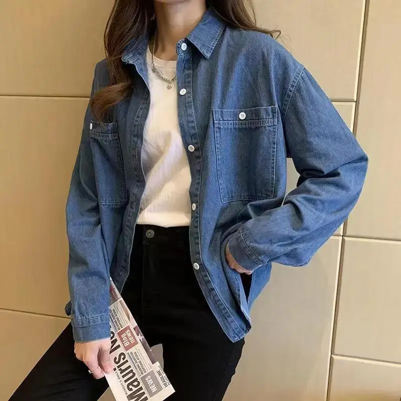 Spring and Autumn New Denim Shirt for Women Loose Medium to Long Sized Student Ins Super Popular Retro Collar Long Sleeve Trendy