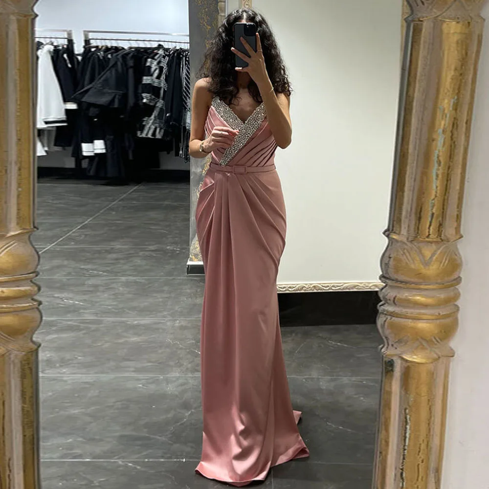 

Pink Mermaid Evening Party Dress V Neck Floor-Length Beading With Belt Zipper Back Dresses for Women Party Wedding Evening 2023