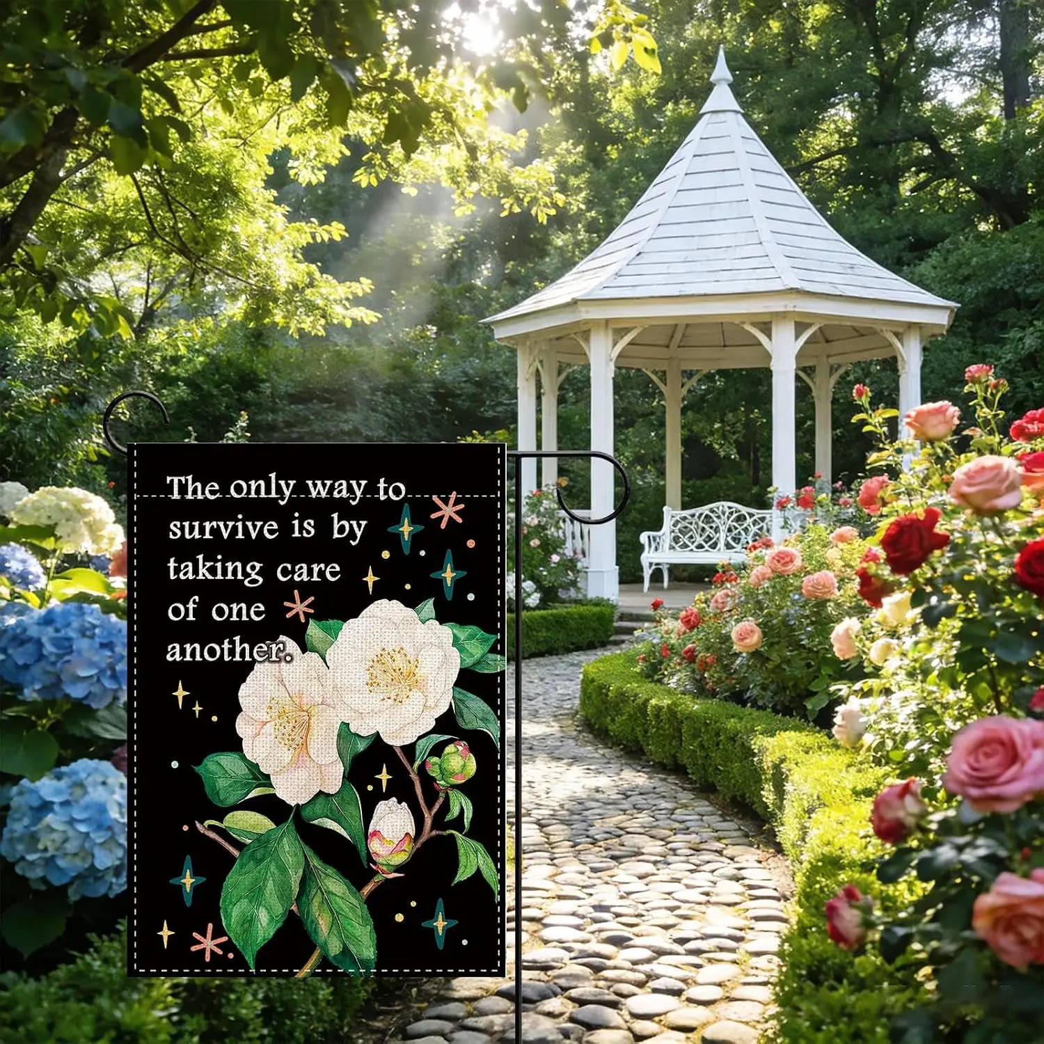 White Camellia Flower Inspirational Decorative Garden Flag, Positive Take Care of One Another Floral Small Yard Outside Deco MMZ
