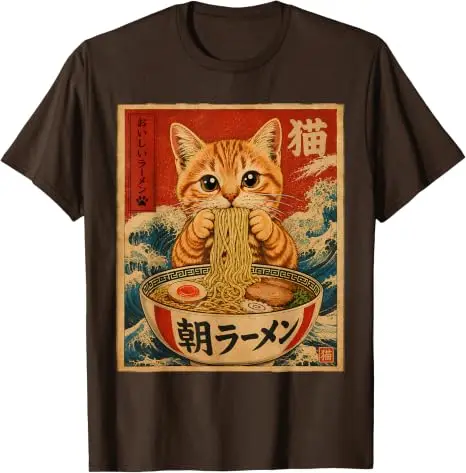 Lustiges Katzen-Ramen-Grafik Retro Japanisches Kawaii Anime Nudel T-Shirt Y2k Cartoon Weiches Baumwoll-T-Shirt für Frauen Männer Harajuku Tees – Detail 10