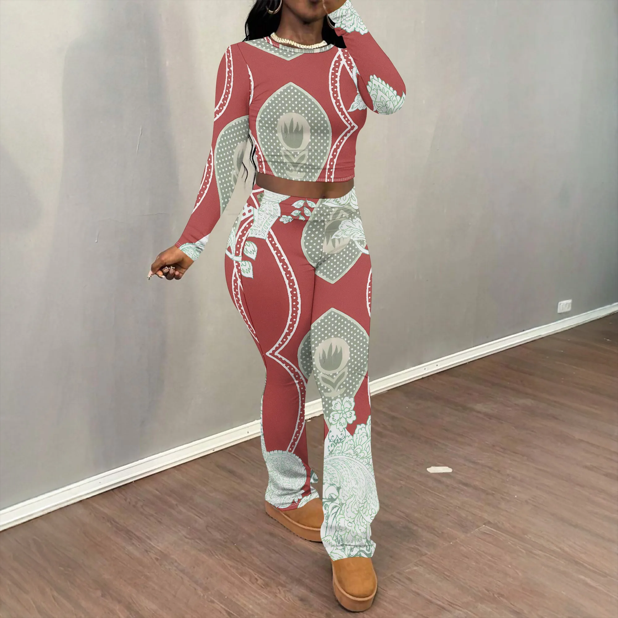 

Women's Long Sleeved Casual And Fashionable Printed Round Neck Two-Piece Set, Youthful And Energetic