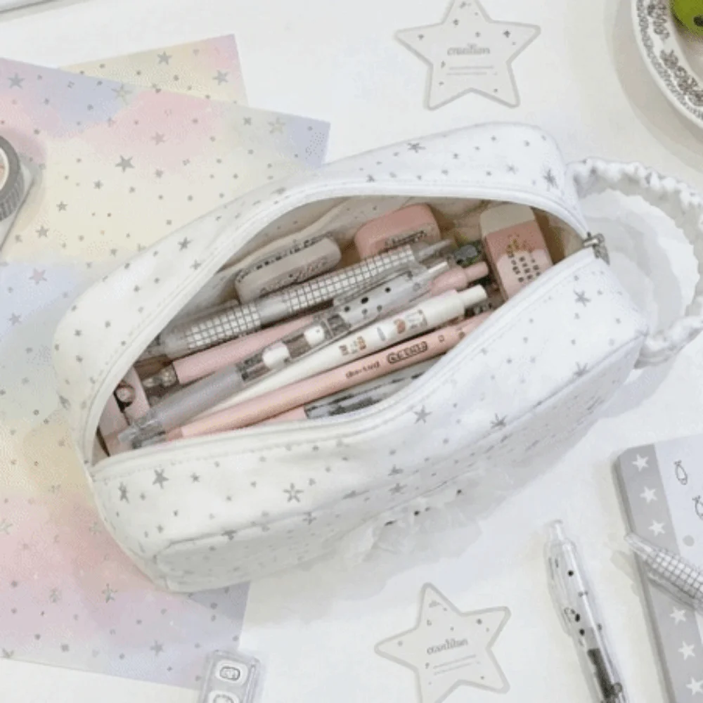 Cute Polka Dots Star Print Pencil Case Lace Large Capacity Viewable Window Storage Pouch Handheld Portable Pen Bag Storage