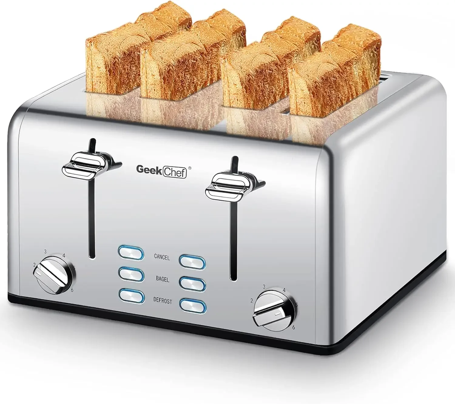 Toaster 4 Slice, Stainless Steel Toaster with Extra Wide Slots, 4 Slot Toaster with Bagel/Defrost/Cancel Function, Dual Control