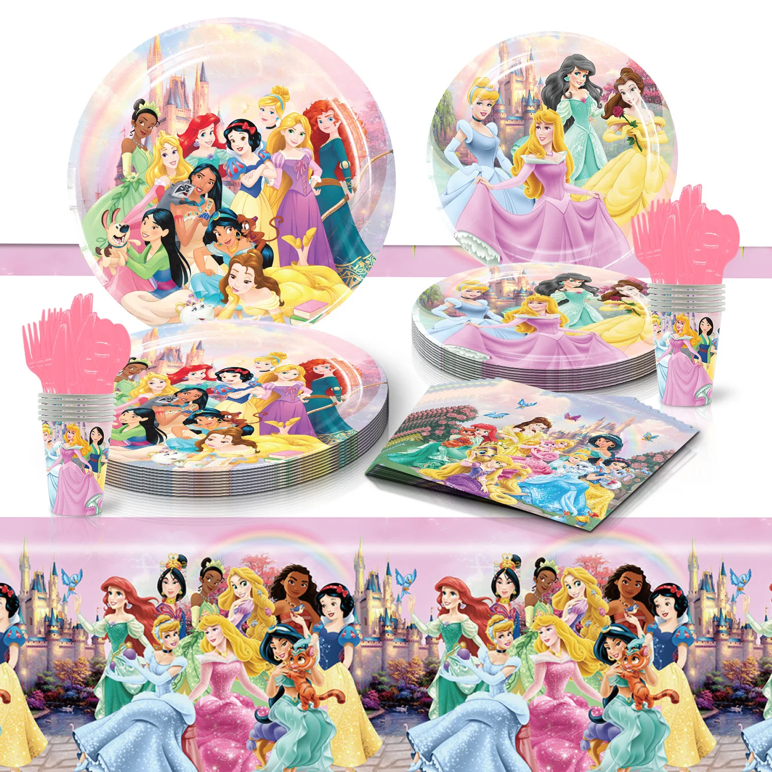 Disney Cinderella Snow White Princess Theme Paper Plates Cups Banner Party Decoration Party Supplies Disposable Cutlery Set