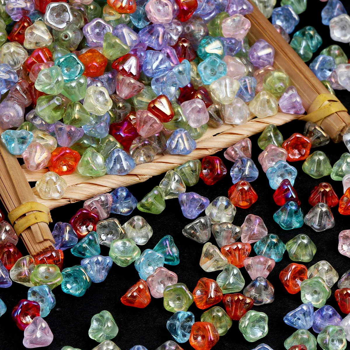 10pcs/20pcs Random color 6*8mm Transparent Glass Wind Chime Flower Beads For DIY Jewelry Making, Unique Little Trumpet Flower