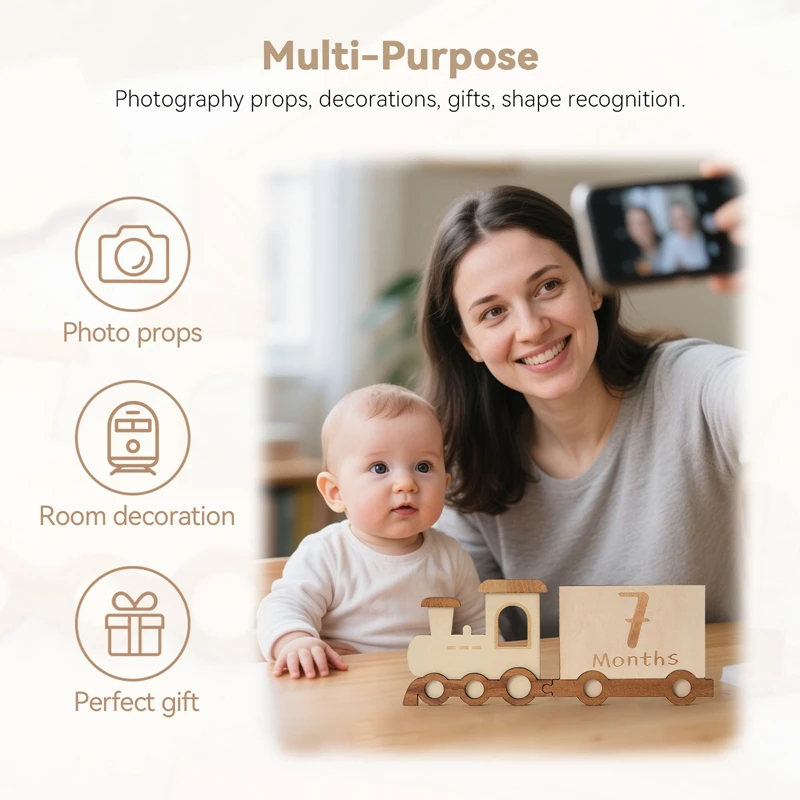 Tarjetas de hito mensuales de madera para bebé, tren de doble cara, número, mes, accesorios de fotografía recién nacido, regalo para bebé