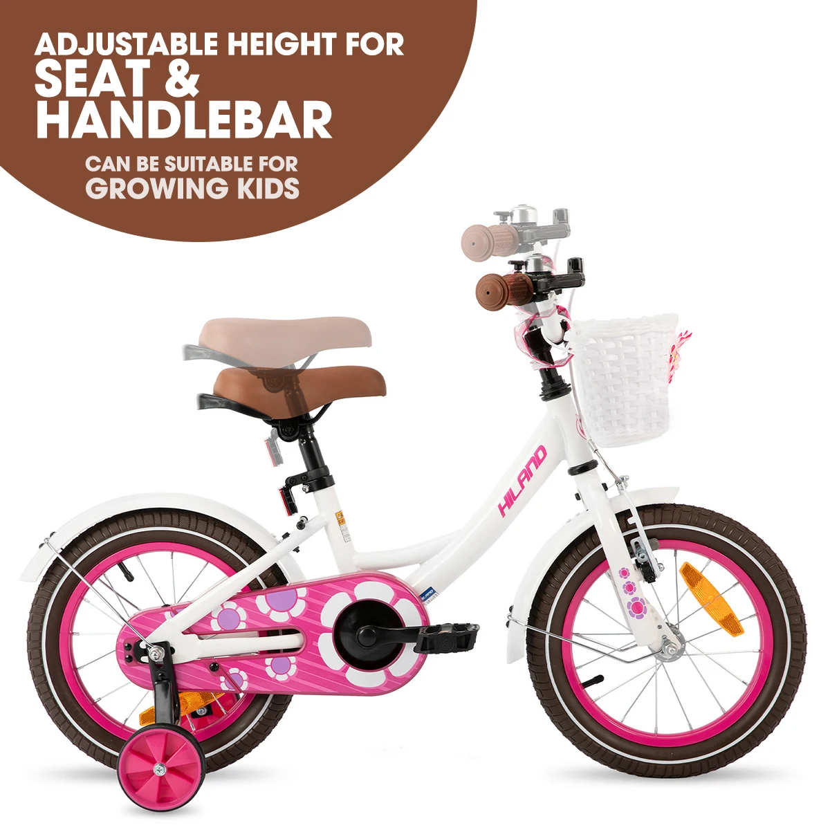 HILAND Girls Bike for Toddlers and Kids Ages 2-7 Years Old, 12 14 16 Inch Kids Bike for Girl with Training Wheels Basket, White