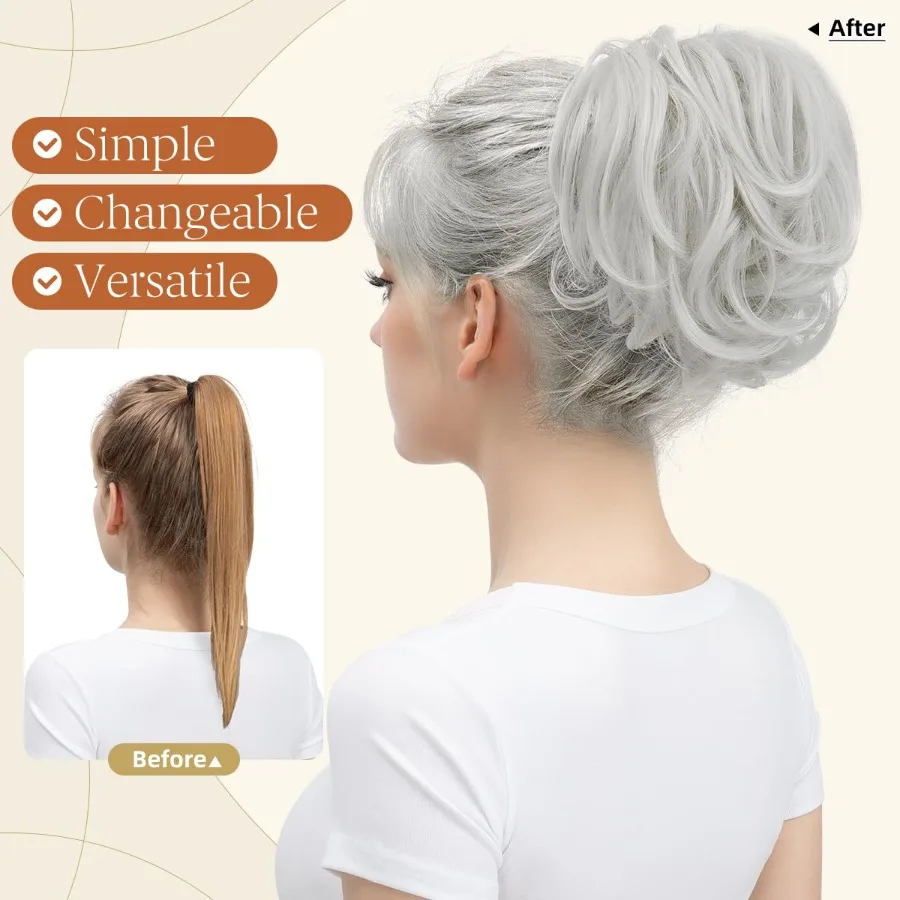 وصلات شعر صناعية بيضاء متعددة الاستخدامات لذيل حصان قصير وأنماط كعكة فوضوية قابلة للانحناء فكرة فروع الشعر المجعد المنفوش والمموج