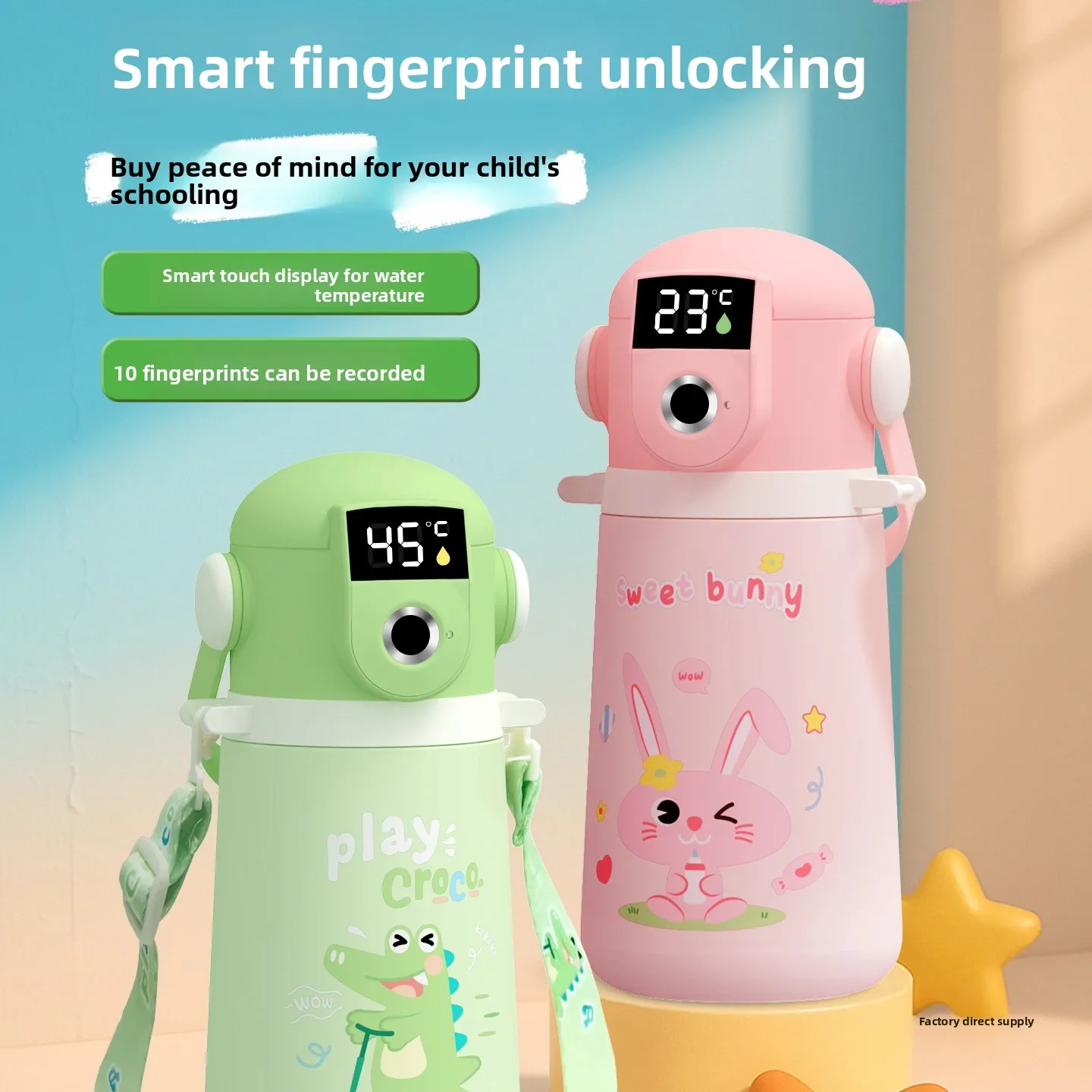 Children's Fingerprint Water Cup, Vacuum Insulated Cup, for Students to Take to School, with Intelligent Temperature Display