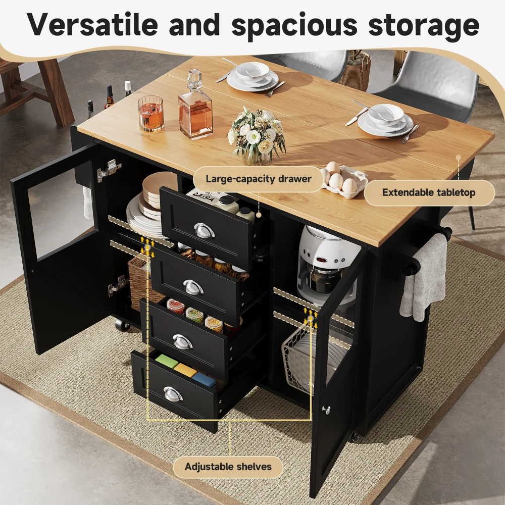 Kücheninsel، 54-Zoll-Sideboard، ausziehbarer Küchenwagen mit Handtuchhalter، Gewürzregal، dva Türen، four Schubladed، schwarz