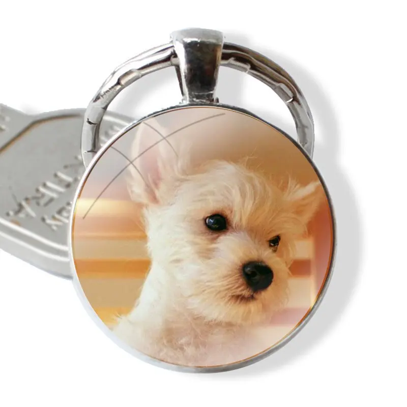 Cute Lover Fashion Keychain Handmade Glass Cabochon Key Ring Holder Pendant Key Chains Westie Terrier Dog Puppy Highland Terrier