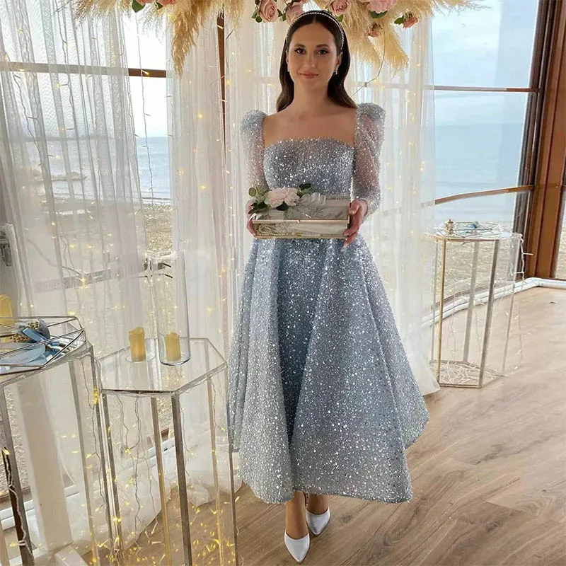 

Luxury Sequined Prom Dresses for Engagement Sheer Neck Long Sleeve Party Gown Ankle Length Bead Birthday Party