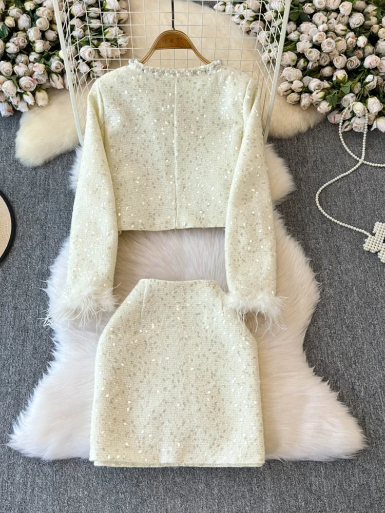 Koreański styl szykowny okrągły dekolt paznokci koralik frędzle krótka kurtka + wysoka talia gruba tweedowa owinięta spódnica biodrowa zestaw damski temperament