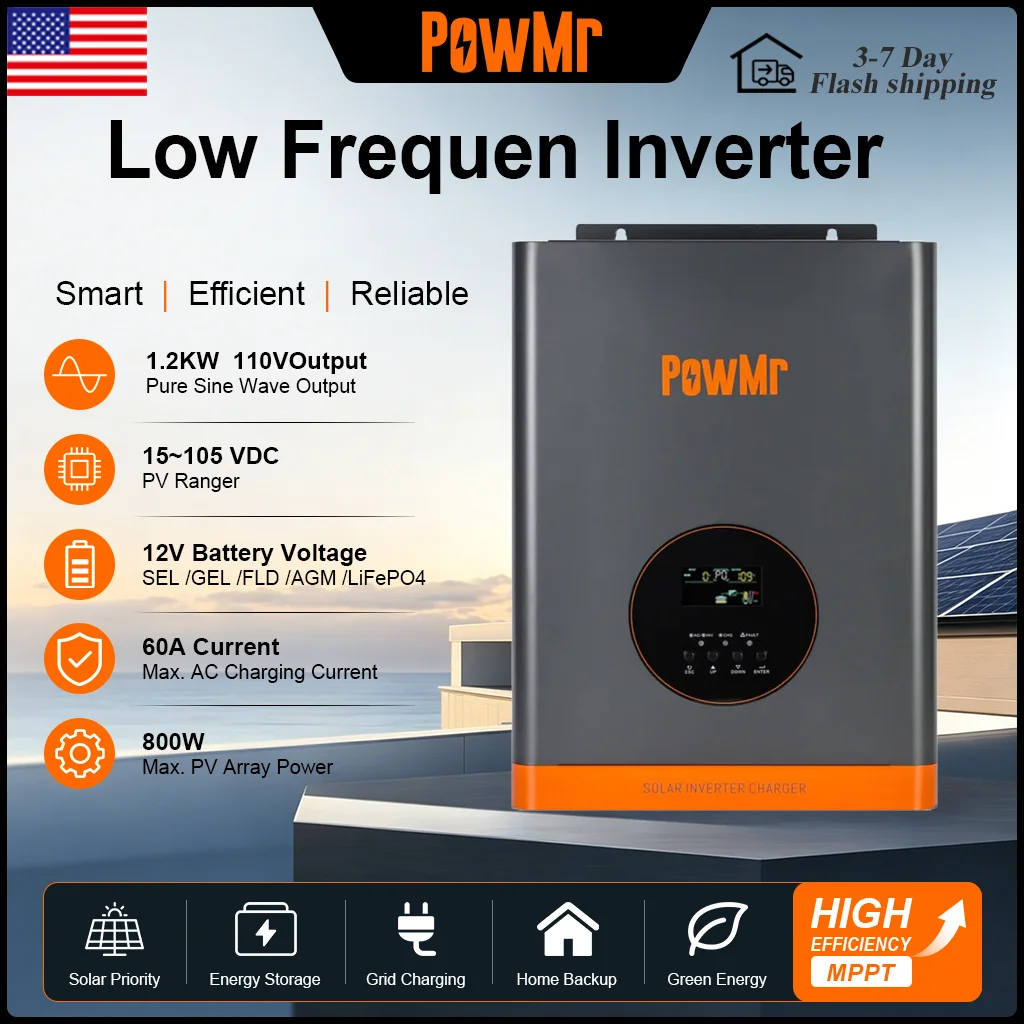 PowMr Low Frequency 1200W Pure Sine Wave Solar Inverter 12V to 110V Built in 60A MPPT Solar Charging Controller 15-105V Panel with UPS Bypass Off-Grid Inverter for Lead-Acid LiFePO4