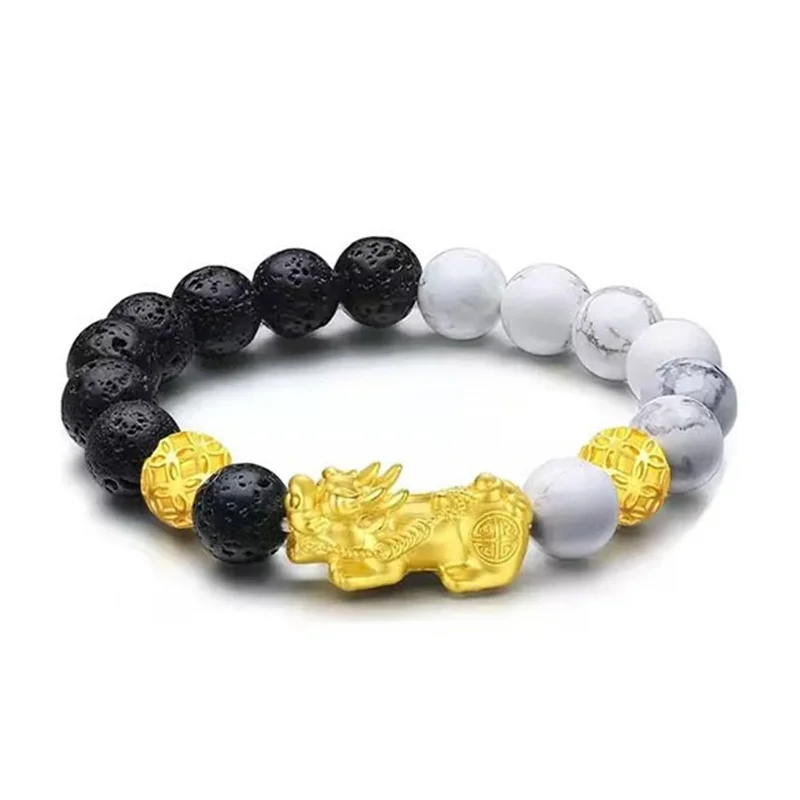 

AU750 18K Gold Pixiu Natural Volcanic Stone Bracelet - Chinese Style Unisex Elastic Beaded Rope, Couple Jewelry Gift Wholesale