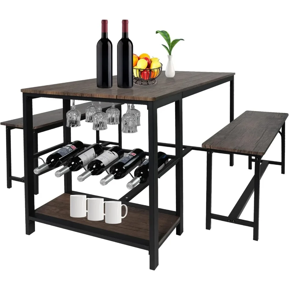 

3-Piece Dining Table Set for 4, 55 Rustic Kitchen Table with 2 Benches, Pub Dining Table with Wine Rack, Glass Holde