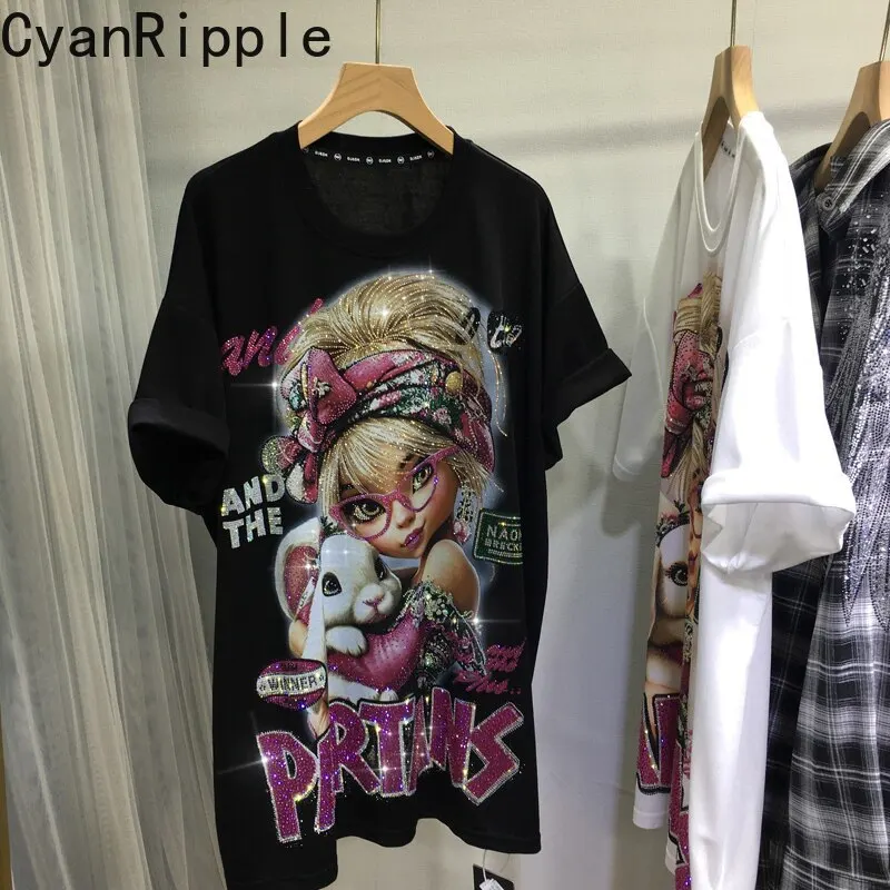 Fashion New Spring Summer Loose Short Sleeve T-shirt Luxury Cute Cartoon Hot Diamonds Oversize Cotton Tees Mid-long Casual Tops