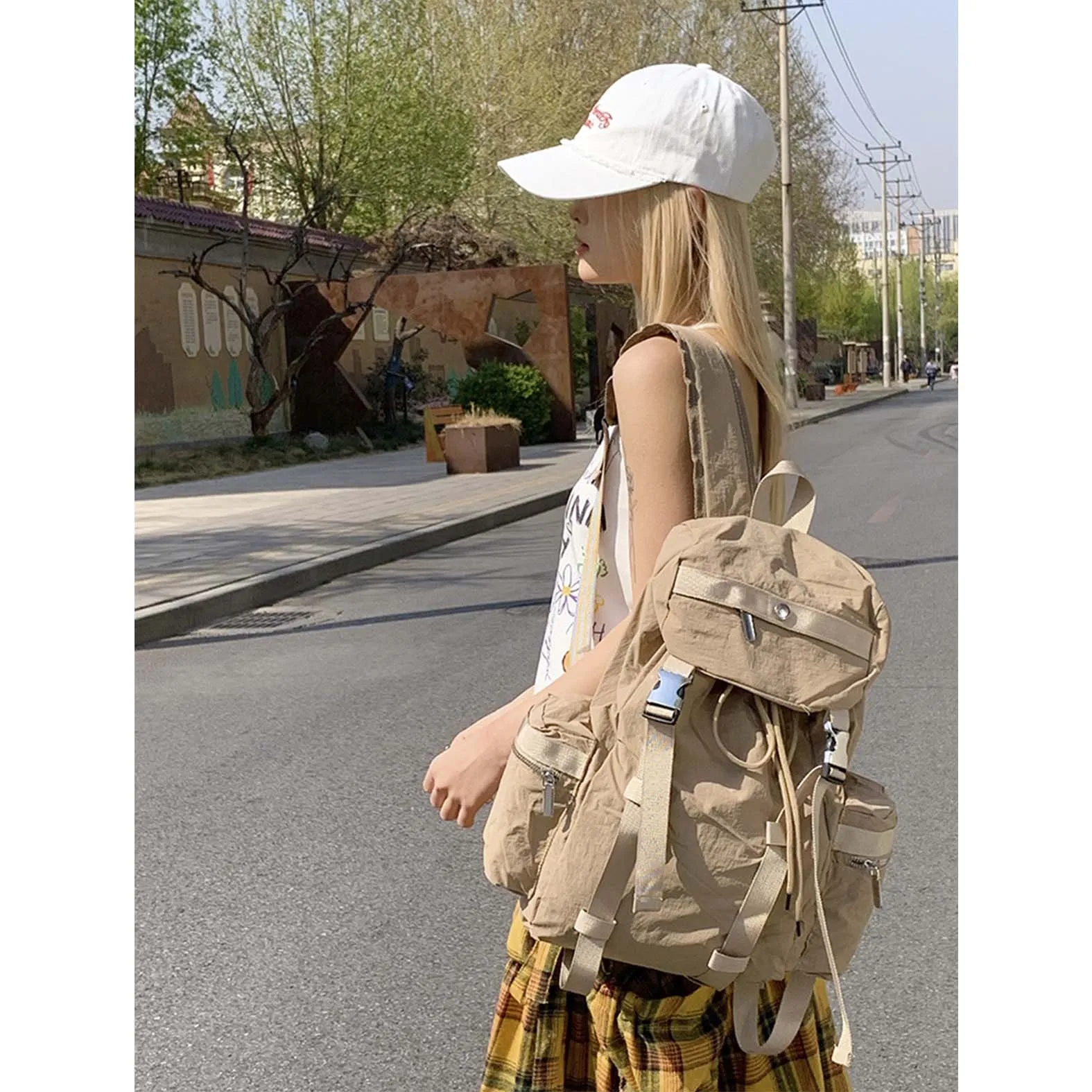 

Trendy brand fashion neutral drawstring backpack with large capacity campus high street soft cloth backpack for male and female