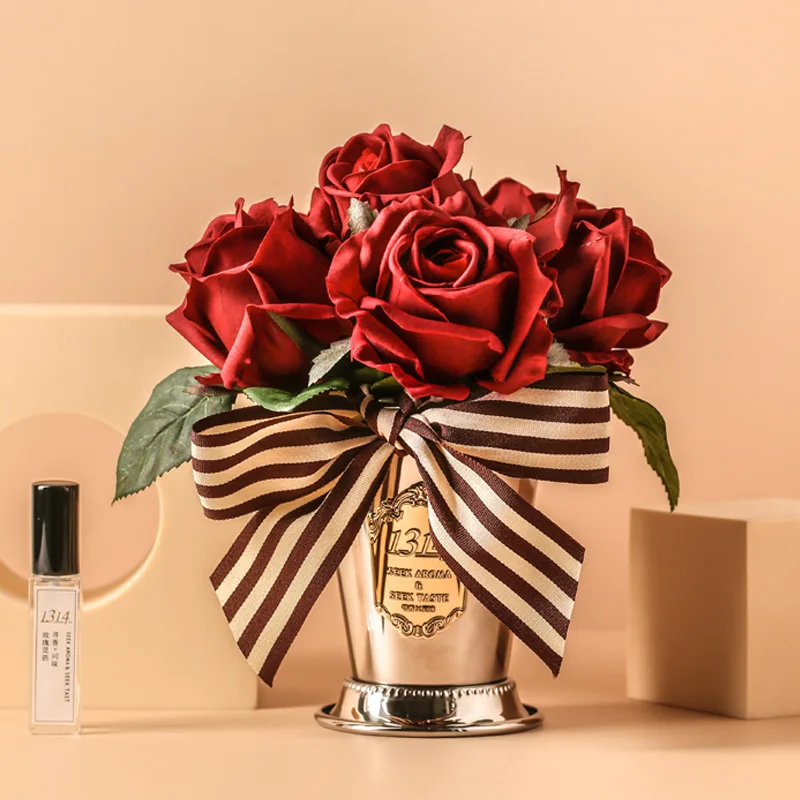 Six Lifelike Artificial Rose Flowers in Vase with Artificial Water, Faux Flower Arrangements for Dining Table Centerpiece Decor