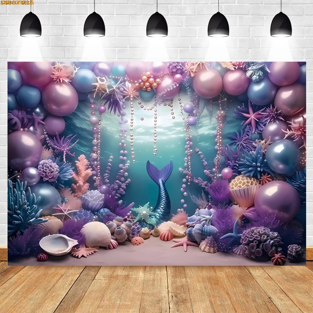 

Baby 1st Birthday Photography Backdrop Mermaid Theme Balloons Underwater World Princess Castle Birthday Party Photo Background