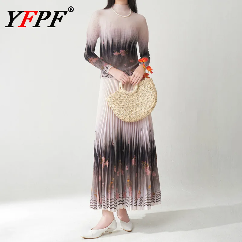 

YFPF Flower Print Set For Women Miyake Pleated Design Contrast Color Slim Tops + Long Skirt Elegant Party 2025 New Clothing