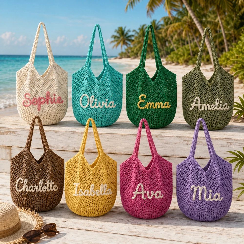 Custom Name Rope Embroidered Crochet Tote Bag for Women Personalized Summer Beach Shoulder Shopping Bag
