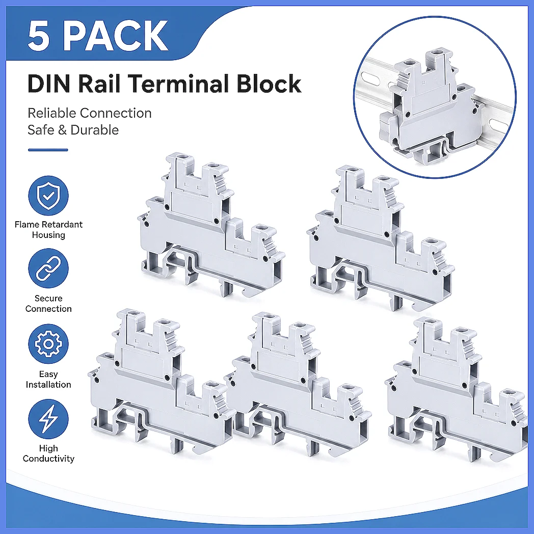 15Pcs DIN Rail Mount Double-Level Terminal Blocks Screw Type Grey MBKKB2.5 for Home Appliances Machines
