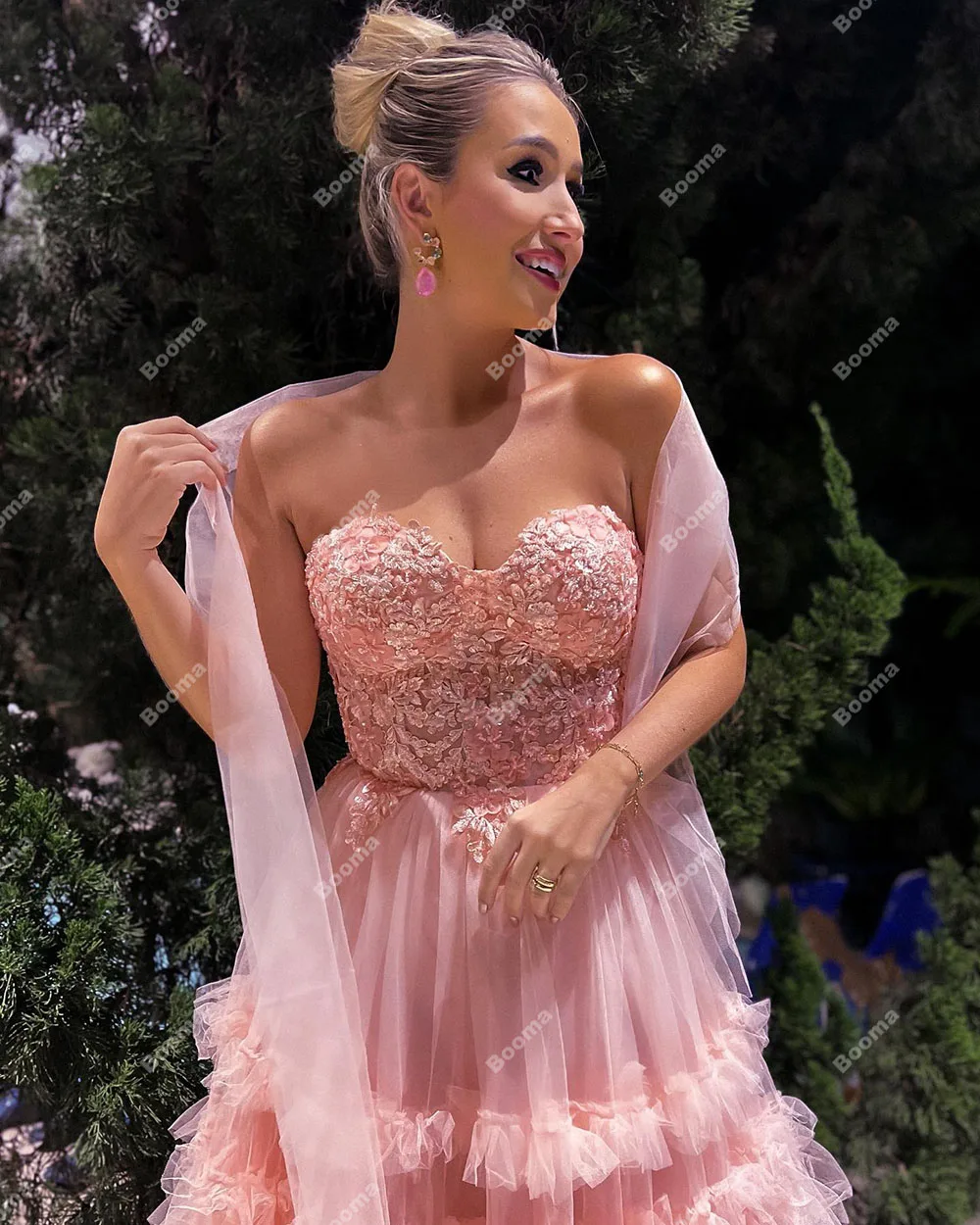 Booma-Pink Fairy Prom Vestidos, Apliques Querida, Ruffles, Ruched Tulle, Vestidos de noite formais, A Line Lace Up, Party Eventos Vestidos