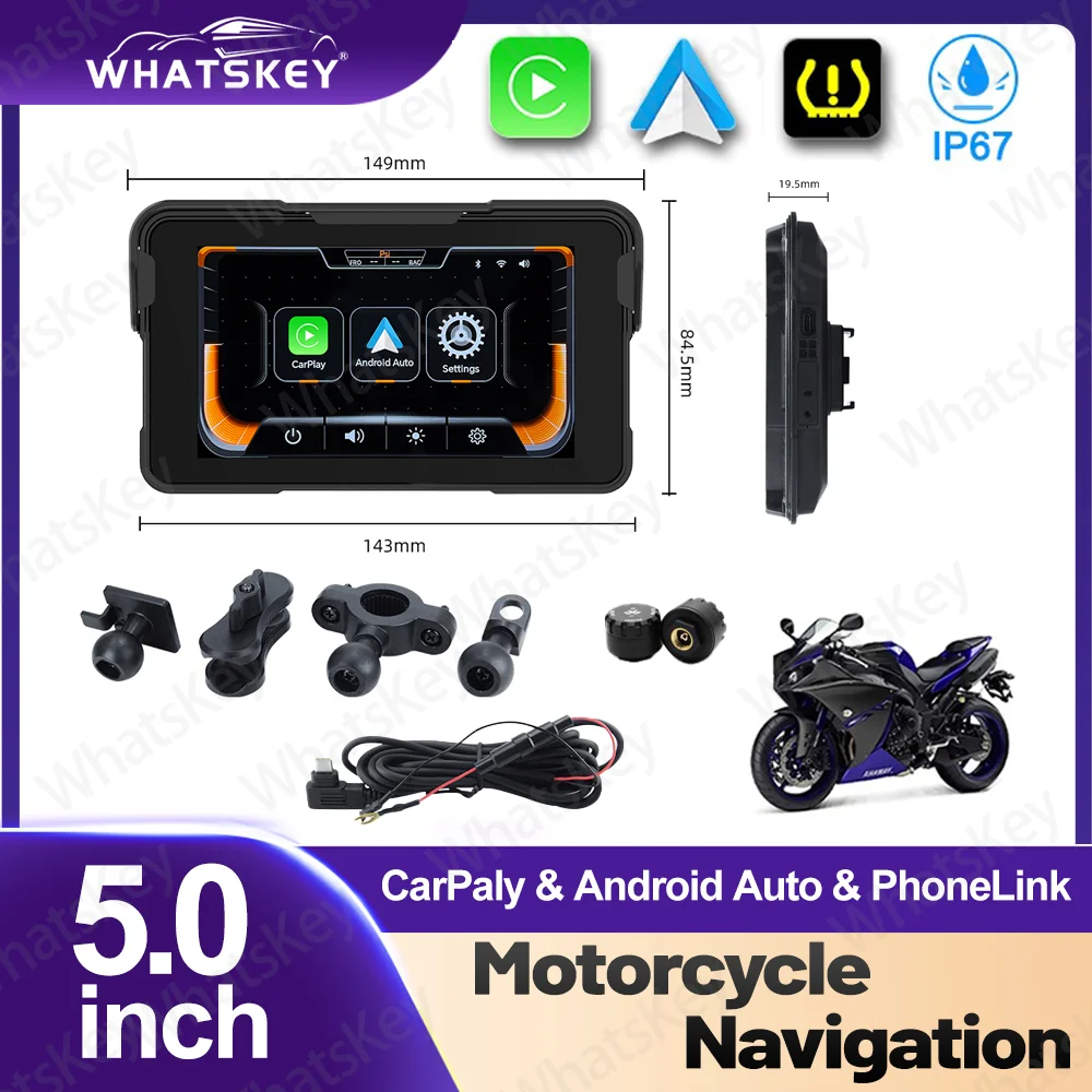 

5-дюймовый сенсорный экран для мотоцикла, GPS, беспроводной Carplay, водонепроницаемый Bluetooth, мото-навигация, оснащенный солнцезащитным козырьком, 800 нит яркости