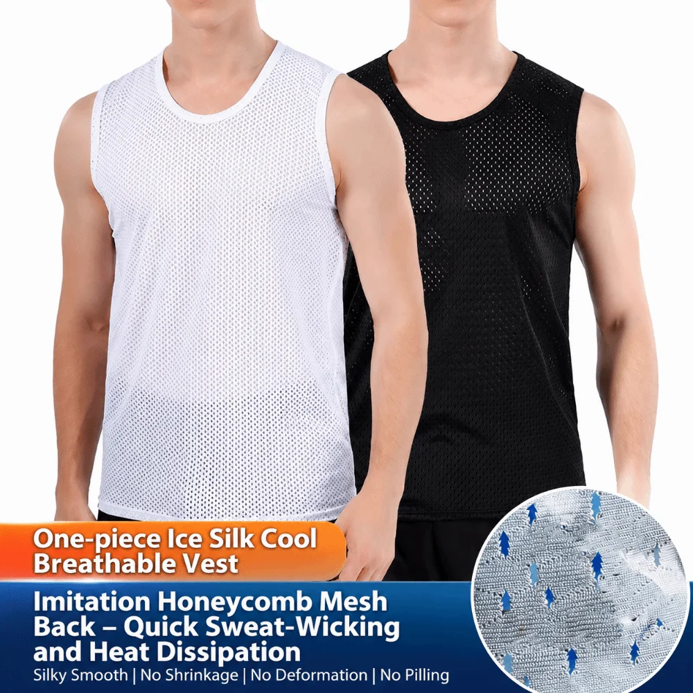 Classic Cooling Ice Silk Tank Tops Round Neck Black White Wide Shoulder Vest Stringer Style Quick Dry Sport Vest T-shirt Male