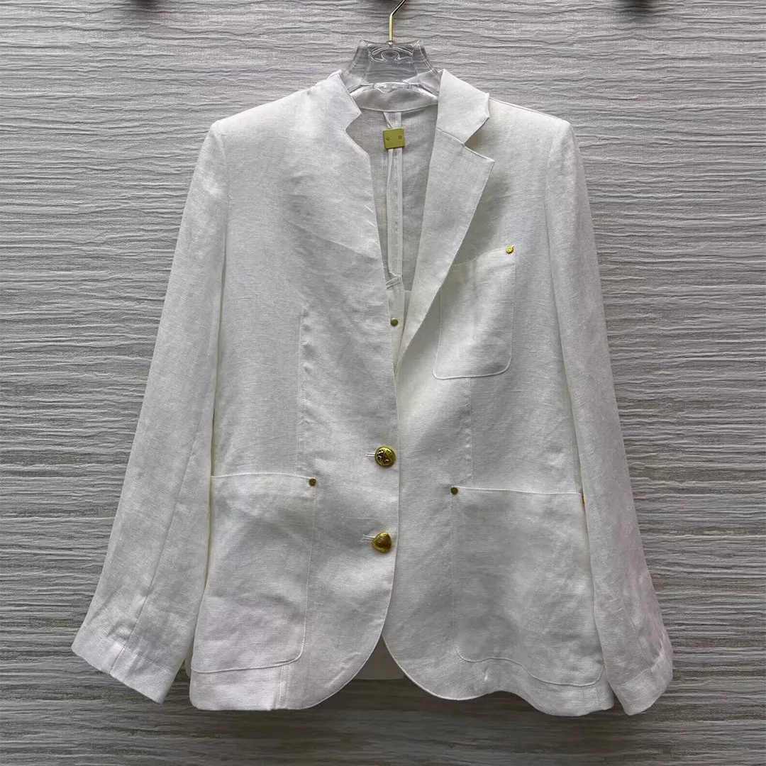 

2025 New Autumn Casual 100% Linen Blazer Suit Women Notched Gold Buttons Old Money Style Solid Color Loose Chic Jacket