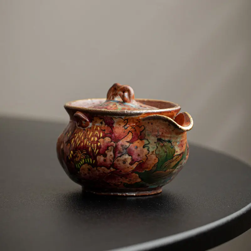 Hand painted peony brewing teapot retro wabi sabi single full hand brewing tea bowl household hand gripping pot