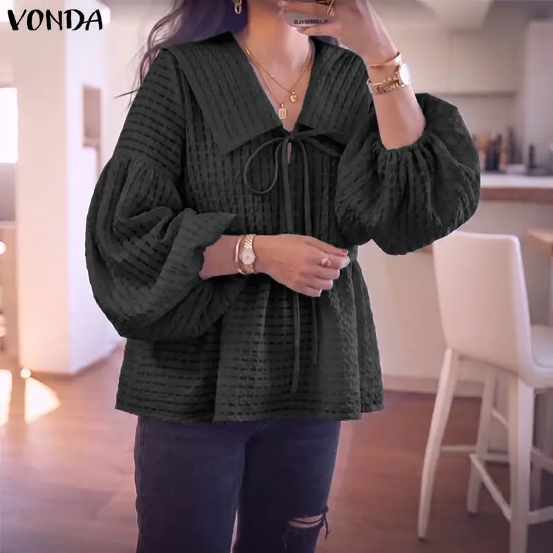 VONDA Women Blouse French Style Casual Spring Tops Elegant V Neck Tie Front Lantern Sleeve Shirts Fashion Solid Color Blusas