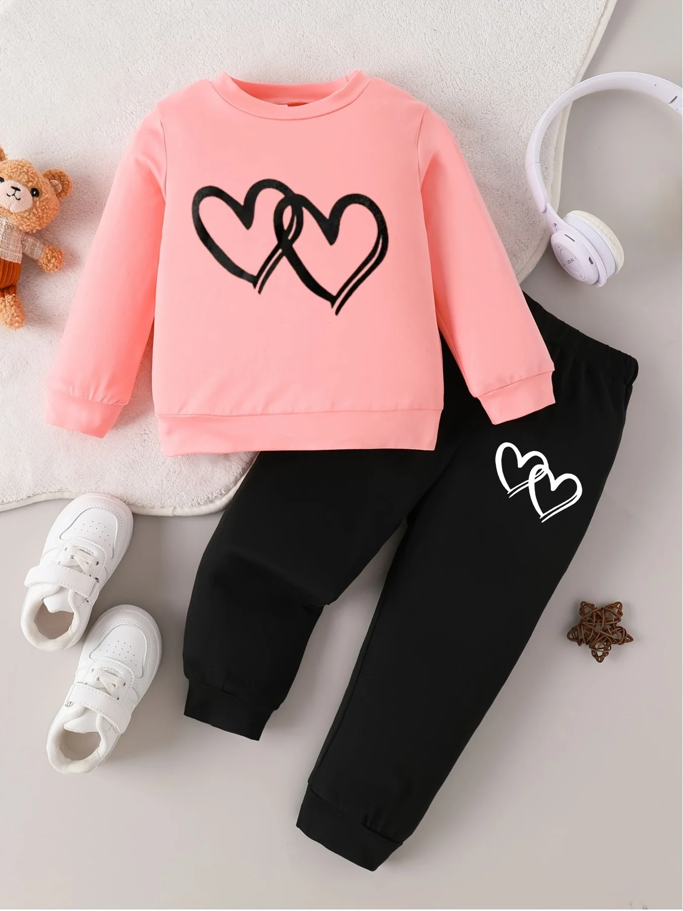 Toddler 2-Piece Outfit | Pink & Black Double Heart Print Long Sleeve Top + Pants | Spring Autumn Kids Clothing Set