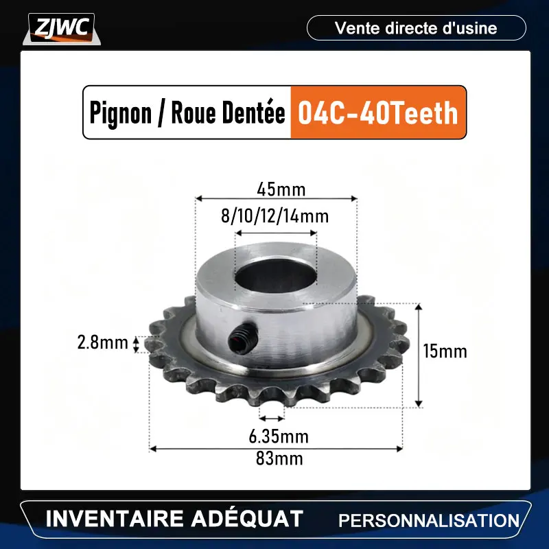 Pignon 04C 40T, trou intérieur 8/10/12/14mm45 #   Pignon de table à dents en acier trempé avec trou de vis M5