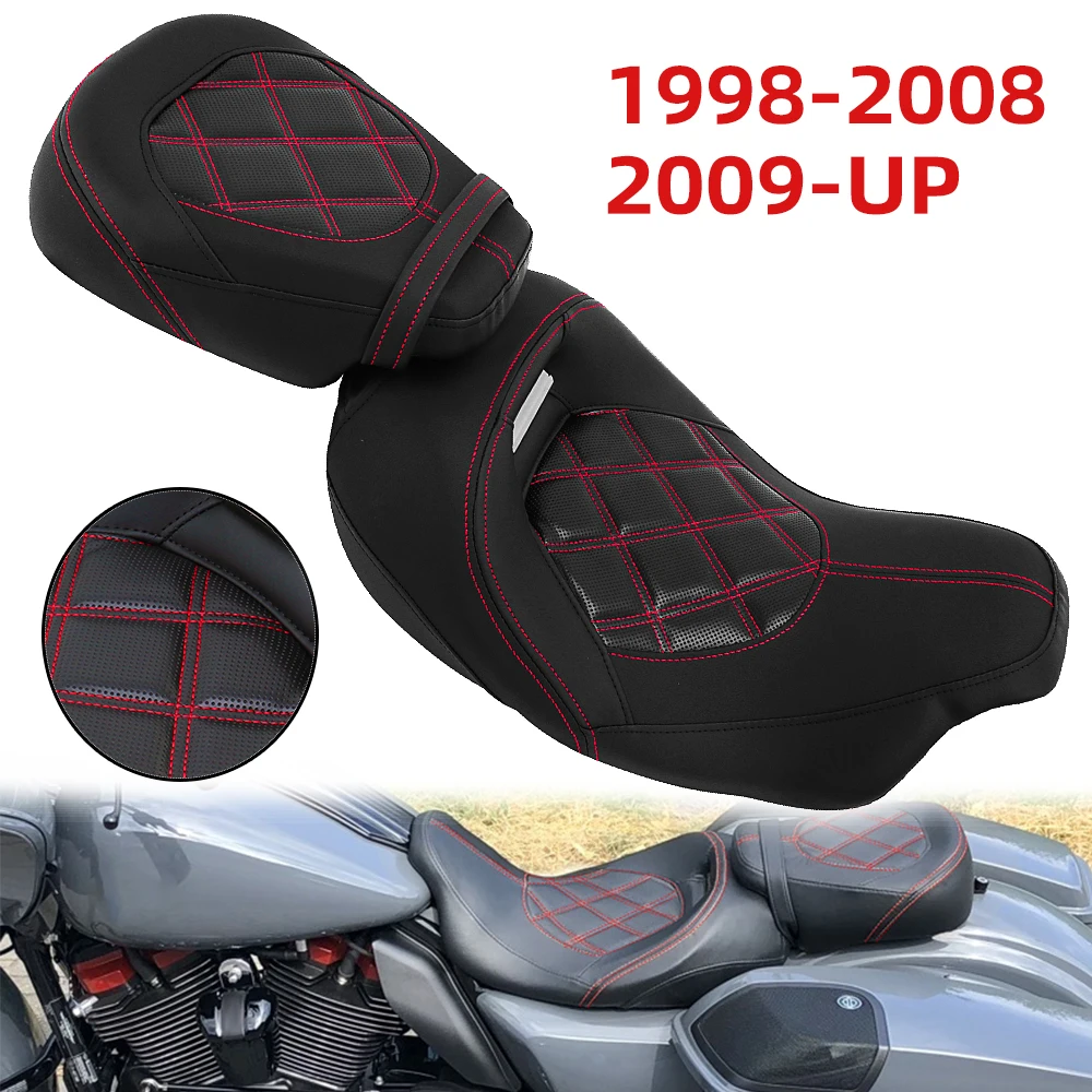 

Motorcycle Low Profile Driver Passenger Leather Seat Two Pieces 2-Up For Harley Touring CVO Street Glide Road King Electra Glide