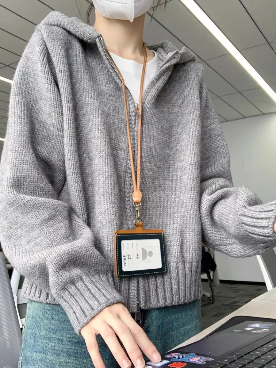 เสื้อคลุมไหมพรมแบบมีฮู้ด ซิปคู่ สไตล์เกาหลี สำหรับผู้หญิง ใส่ได้ทั้งฤดูใบไม้ผลิและฤดูใบไม้ร่วง ทรงหลวม สไตล์เรโทร ลำลอง