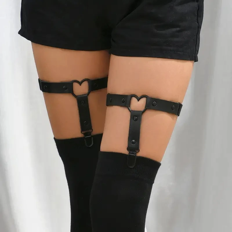 Adjustable Heart Leg Garter With Anti-Slip Clips,Elastic Y2K Gothic Thigh Garter For Ladies Black
