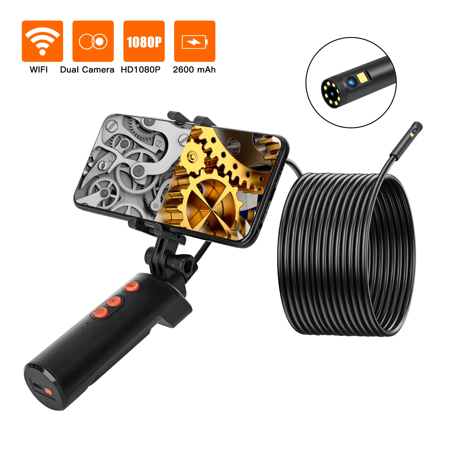 

F280 8mm Dual Lens WiFi Endoscopic Camera 1080P with Handle, IP68 Inspection Camera for Cars, iPhone, and Android