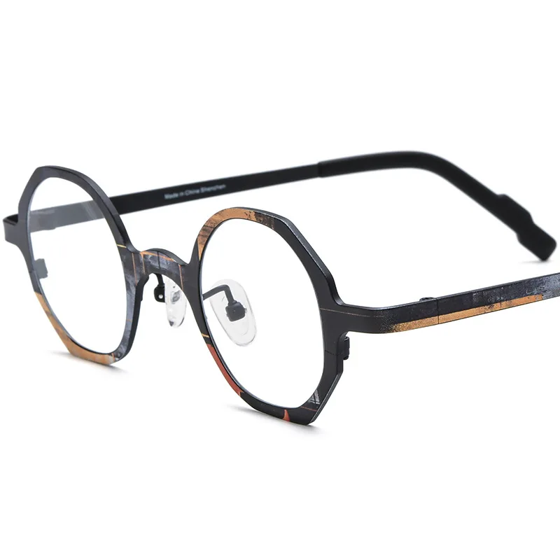 Retro polygonal glasses with ultra light pure titanium frame for men and women, can be paired with prescription glasses