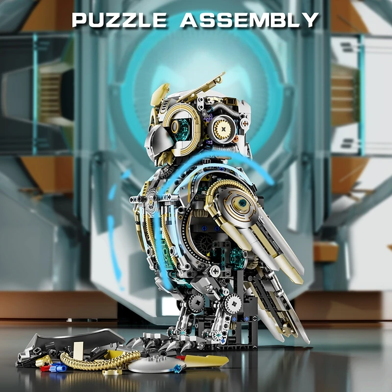 FUNXINEE 1296ピース モーター駆動フクロウブロック 高度な組み立てチャレンジ 光る目 キネティックモーション MOC ディスプレイ コレクターズギフト