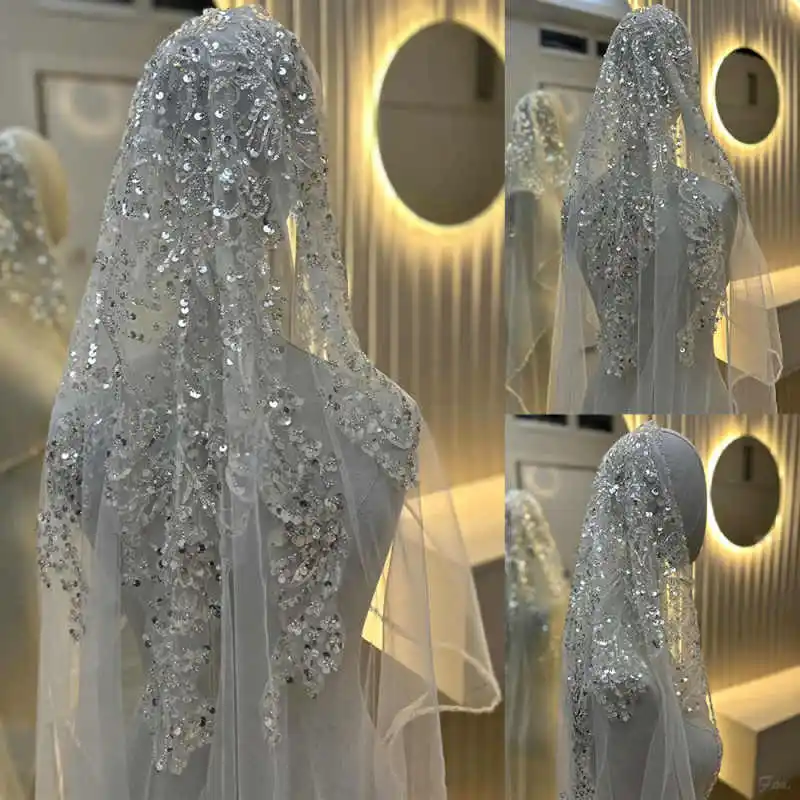 

Elegant Bridal Veils With Comb One-Layer 3M Long Cathedral Rhinestones Sequin Applique Bride Veil Customized Vestido de novias