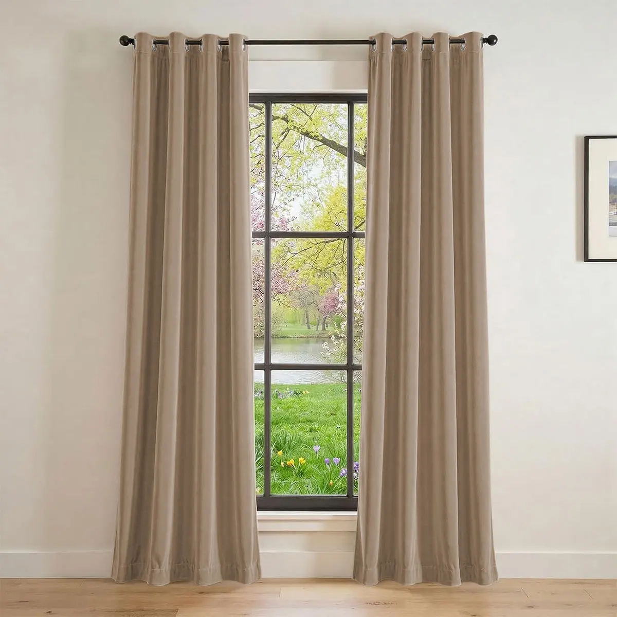 Taupe Velvet Grommet Curtains 2pcs, Soft Earth Tone Blackout Fabric Drapes for Living Room Bedroom Home Decor