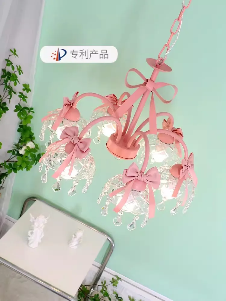 Princess style bedroom chandelier girl children's room girl bow pink living room restaurant cute cream crystal lamp