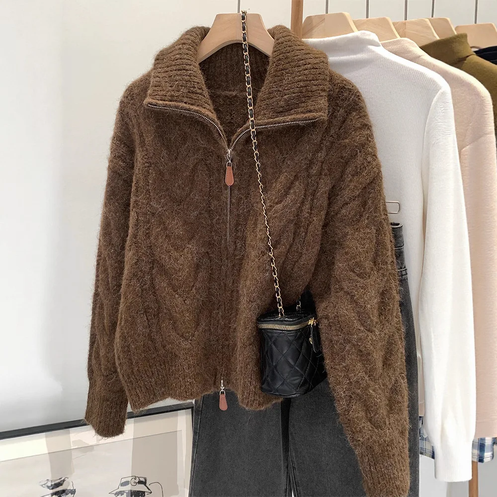 2026 lapel thick Fried Dough Twists sweater zipper coat women's autumn winter knitting cardigan top