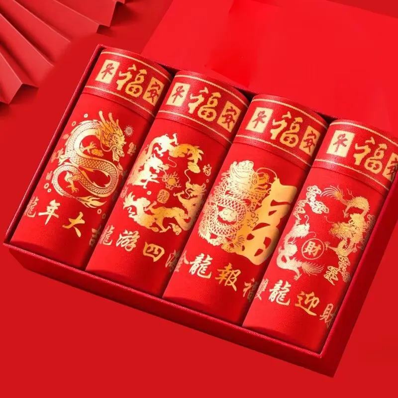 4Pcs Men Panties Boxers Cotton Breathable Underpants Briefs 2024 Chinese New Year Dragon Zodiac Red Men's Underwears Boxershorts